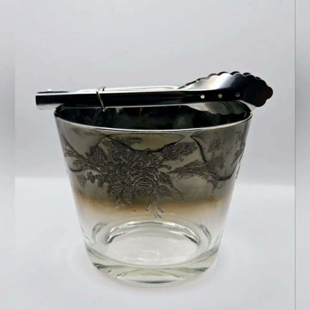 Mid Century Glass Ice Bucket With Silver Rim that Ombre Fades & Silver
